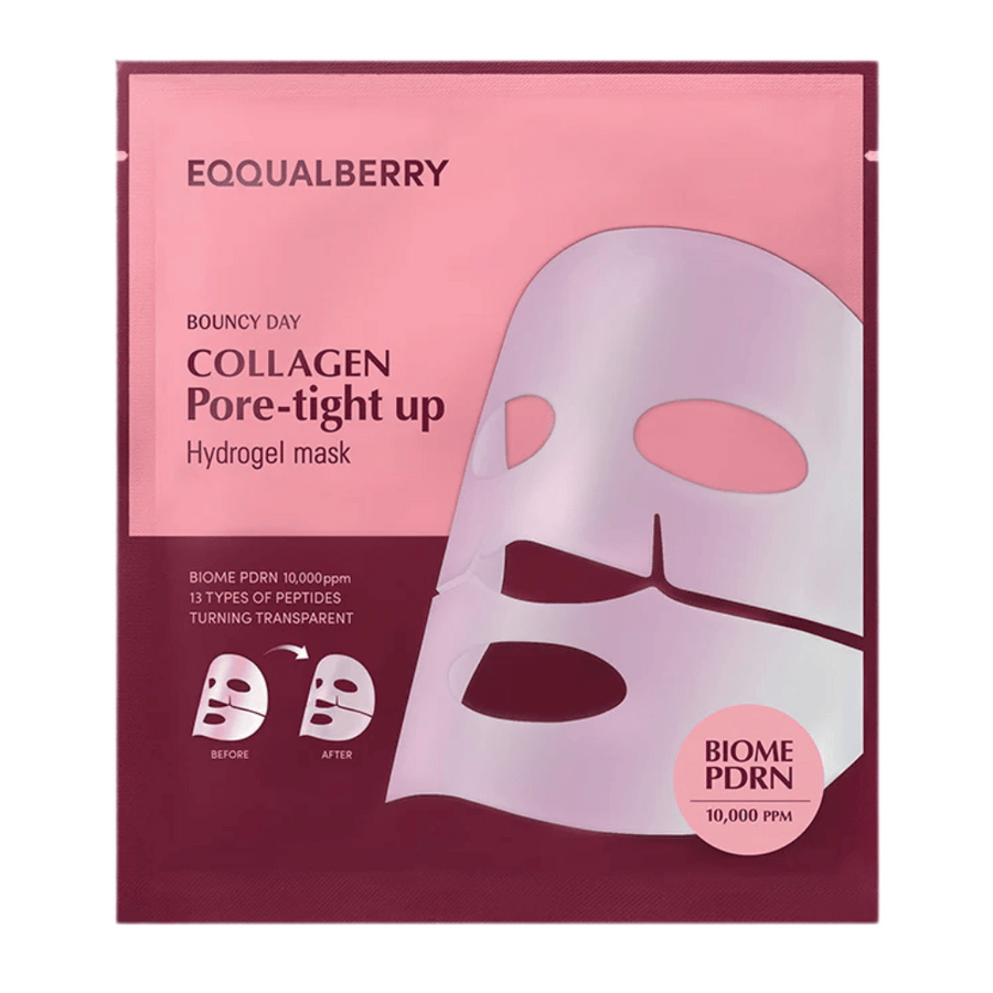 Förpackningen för Collagen Pore-tight Up Hydrogel Mask, en ansiktsmask med biome PDRN och 13 typer av peptider, syns i en rosa förpackning med före- och efterbilder på maskens effekter.