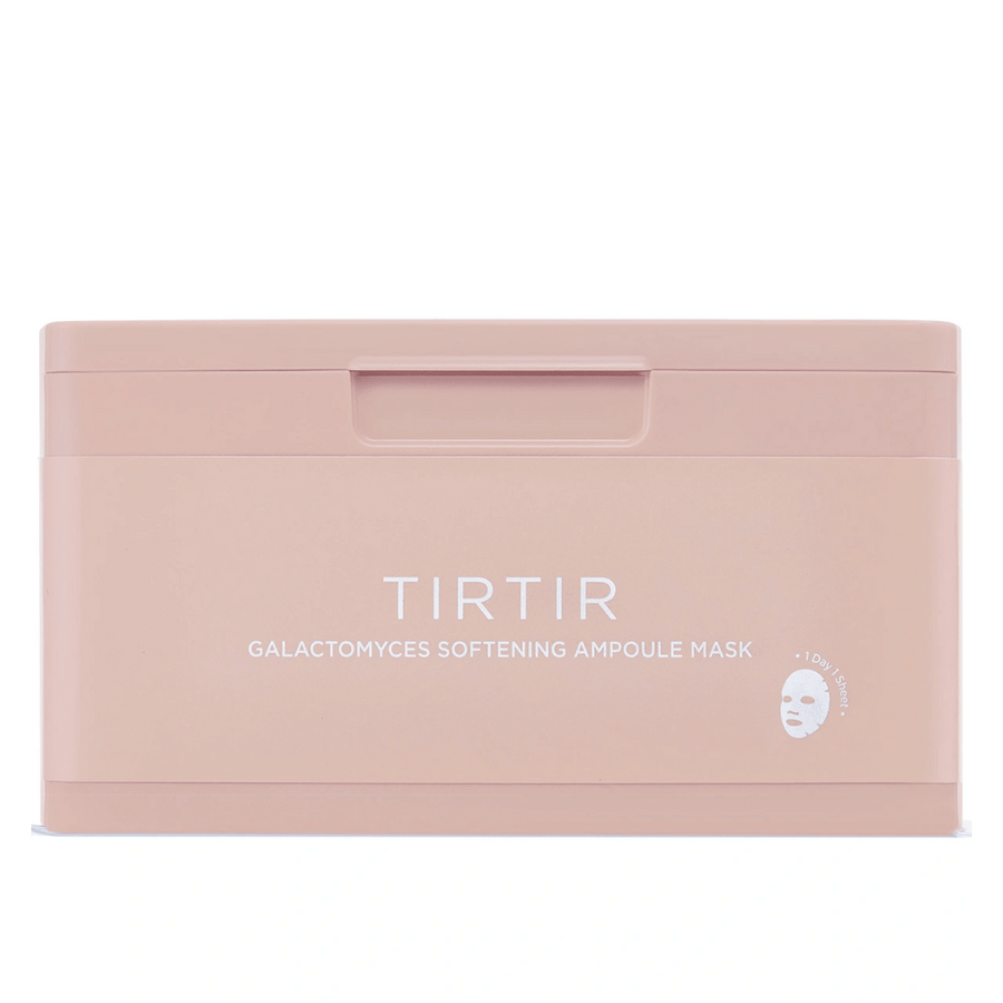 Rosa behållare med texten "TIRTIR GALACTOMYCES SOFTENING AMPOULE MASK" och en liten ikon av en sheet mask, designad för att förvara flera ansiktsmasker.