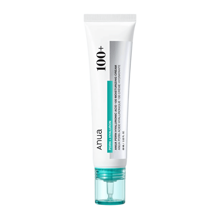 Produktbild på Anua PDRN Hyaluronic Acid 100 Moisturizing Cream i vit tub med turkos detalj – koreansk ansiktskräm för djup återfuktning.