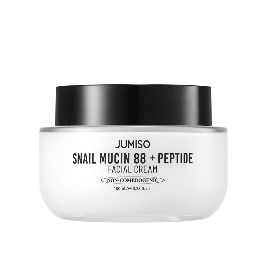 JUMISO Snail Mucin 88 + Peptide Facial Cream i en vit burk med svart lock. Ansiktskräm med 88 % snigelsekret och peptider för intensiv hudvård och återfuktning.