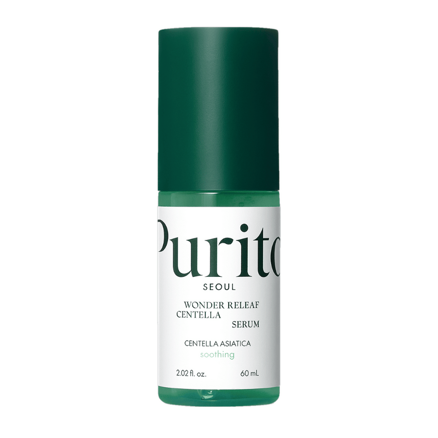 Purito Wonder Releaf Centella Serum i en grön och vit flaska med 60 ml innehåll, centrerad mot vit bakgrund.