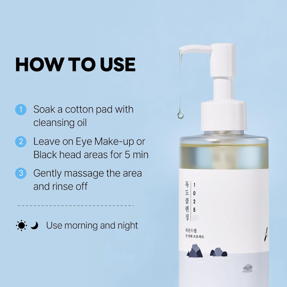 Round Lab 1025 Dokdo Cleansing Oil qui dissout efficacement le maquillage, la crème solaire et les impuretés grâce à une texture d’huile légère et hydratante