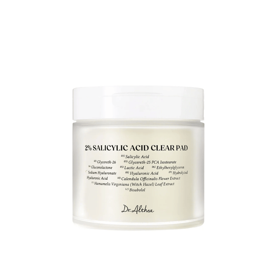 Image produit de Dr. Althea 2% Salicylic Acid Clear Pad sur fond blanc. Tampons exfoliants pour peau sujette à l'acné et grasse avec acide salicylique et ingrédients apaisants.