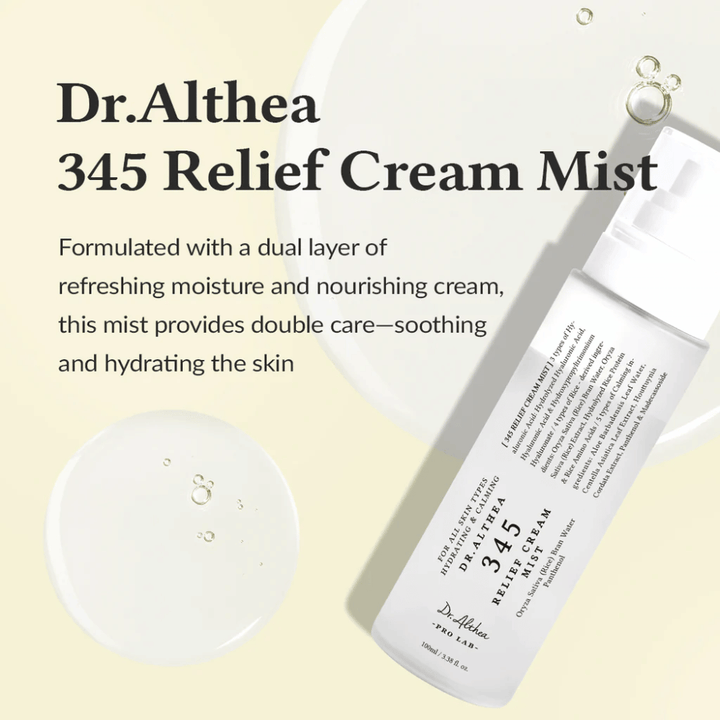Image produit de Dr. Althea 345 Relief Cream Mist avec description de la formule apaisante et hydratante qui offre un double soin de la peau en une seule étape de pulvérisation.