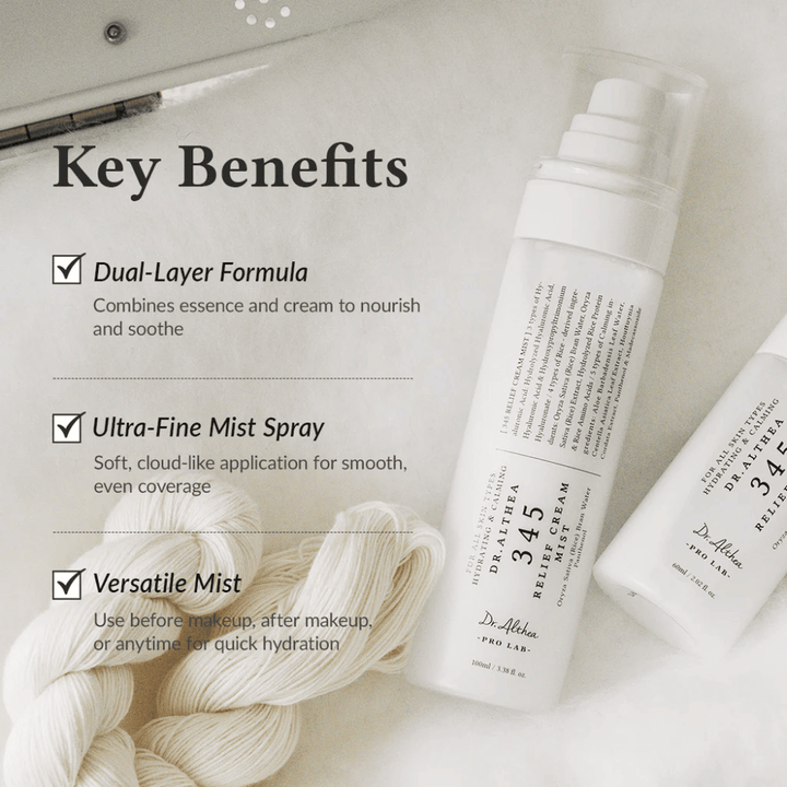 Dr. Althea 345 Relief Cream Mist mettant l'accent sur des avantages tels que la formule à double couche, la brume ultra-fine et l'utilisation polyvalente pour une hydratation rapide et uniforme.