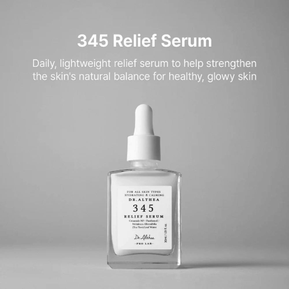 Dr. Althea 345 Relief Serum 30 ml – sérum hydratant léger pour peau sensible avec des céramides, du panthénol et de l’eau de tea tree.