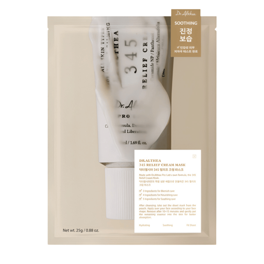 Dr. Althea 345 Relief Cream Mask sheet mask avec des ingrédients apaisants comme la niacinamide, la céramide et la centella asiatica