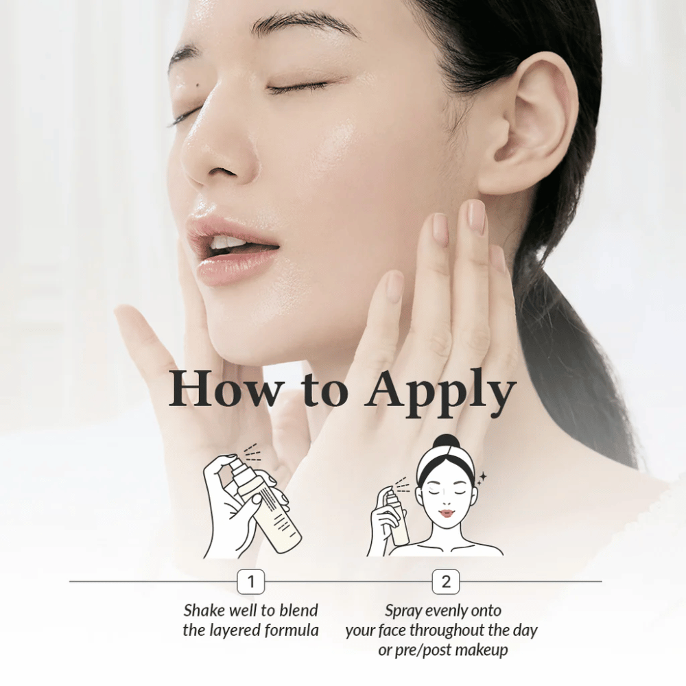 Comment appliquer Dr. Althea 345 Relief Cream Mist, où le modèle vaporise le visage pour une hydratation uniforme avant et après le maquillage avec une brume finement dispersée.