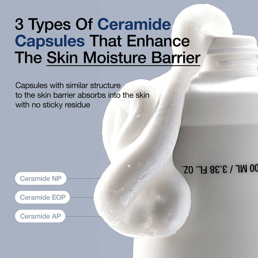 Anua 3 Ceramide Panthenol Cream avec trois types de capsules de céramides qui protègent la barrière d'hydratation de la peau sans coller.