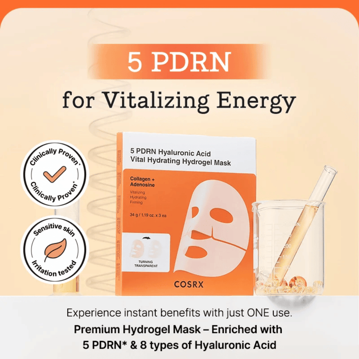 COSRX 5 PDRN Vital Hydrating Hydrogel Mask avec acide hyaluronique et collagène, testé cliniquement pour l'éclat, une peau plus ferme et une barrière cutanée améliorée