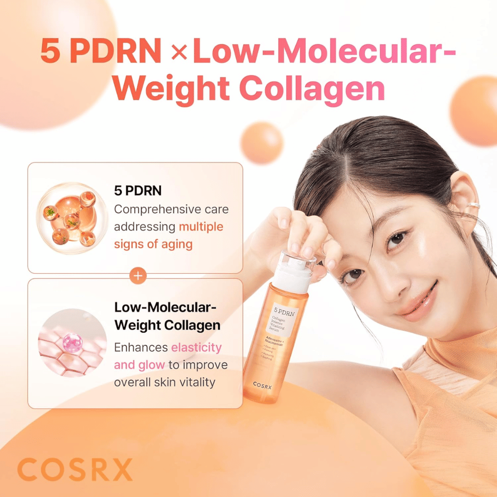 COSRX 5 PDRN Collagen Intense Vitalizing Serum avec du collagène à faible poids moléculaire qui rend la peau plus ferme, lumineuse et offre un effet anti-âge