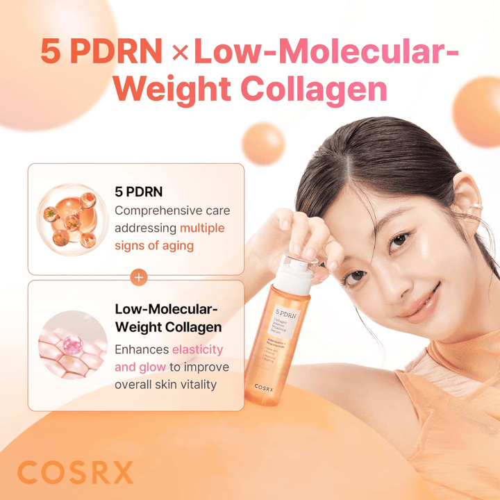 COSRX 5 PDRN Collagen Intense Vitalizing Serum avec du collagène à faible poids moléculaire qui rend la peau plus ferme, lumineuse et offre un effet anti-âge