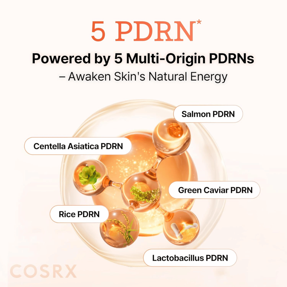 COSRX 5 PDRN sérum avec PDRN multi-origine provenant du saumon, de la centella asiatica, du riz et des probiotiques qui renforce la peau et améliore l’élasticité