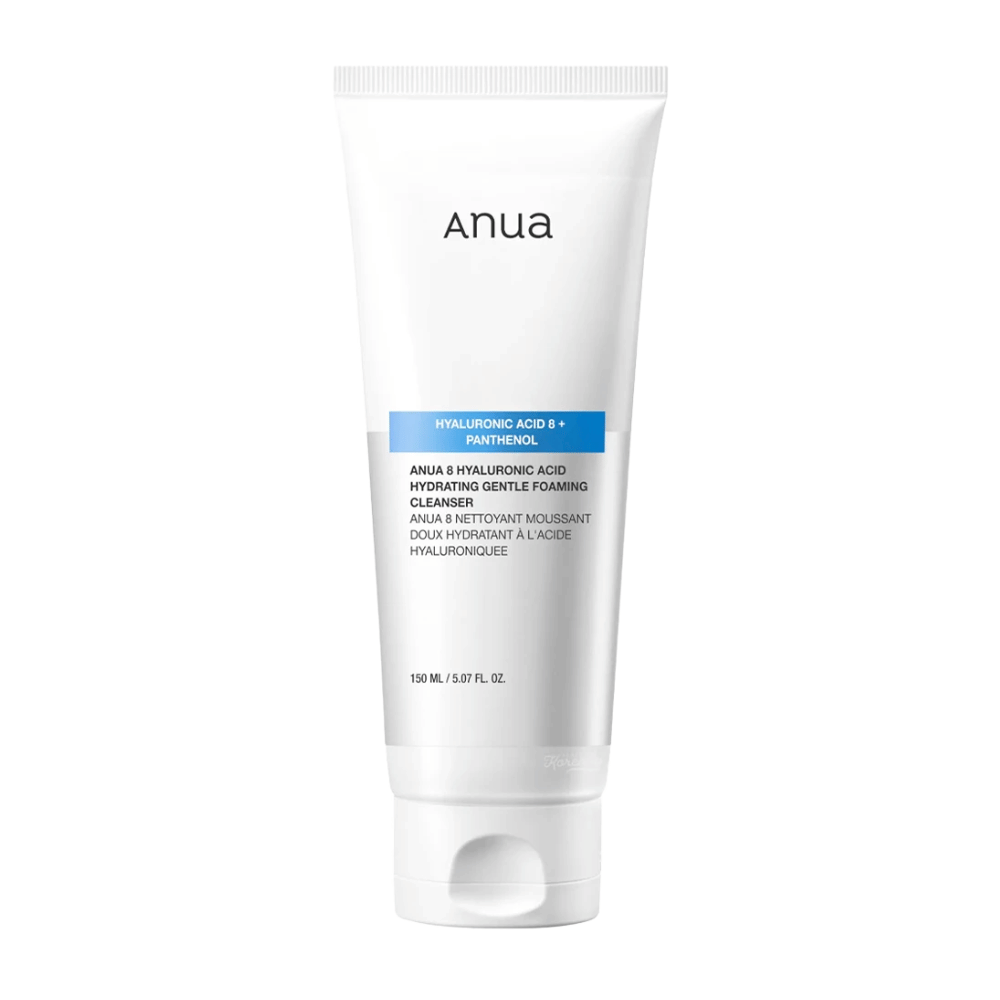 Anua 8 Hyaluronic Acid Hydrating Gentle Foaming Cleanser est une crème nettoyante douce qui combine huit types d'acide hyaluronique et de panthénol pour offrir une hydratation intense et protéger la barrière cutanée. Elle produit une mousse douce et riche qui élimine efficacement la saleté et le maquillage sans dessécher la peau.