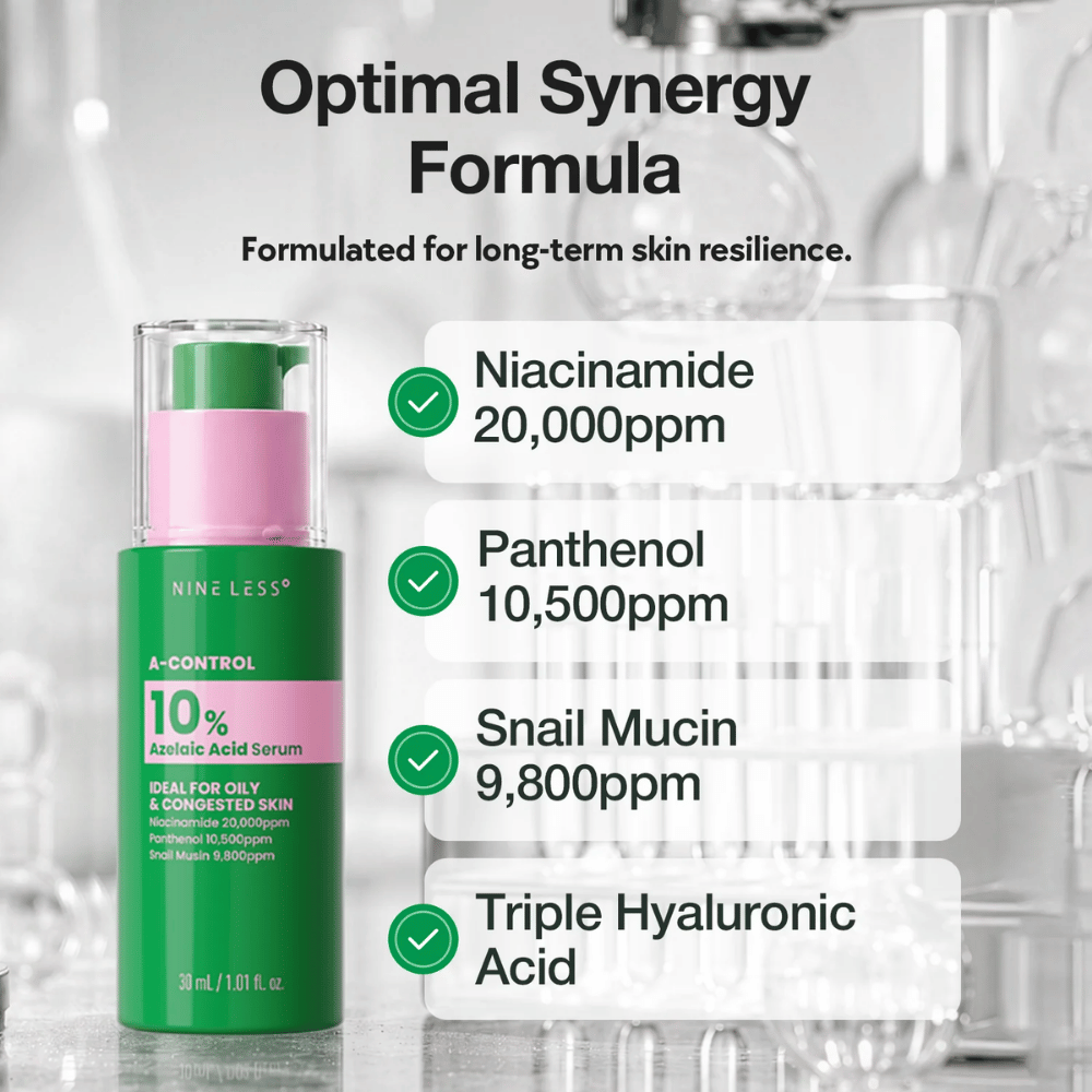 NINELESS A-Control 10% Azelaic Acid Serum avec de la niacinamide, du panthénol, de la bave d’escargot et de l’acide hyaluronique pour une peau équilibrée et hydratée.