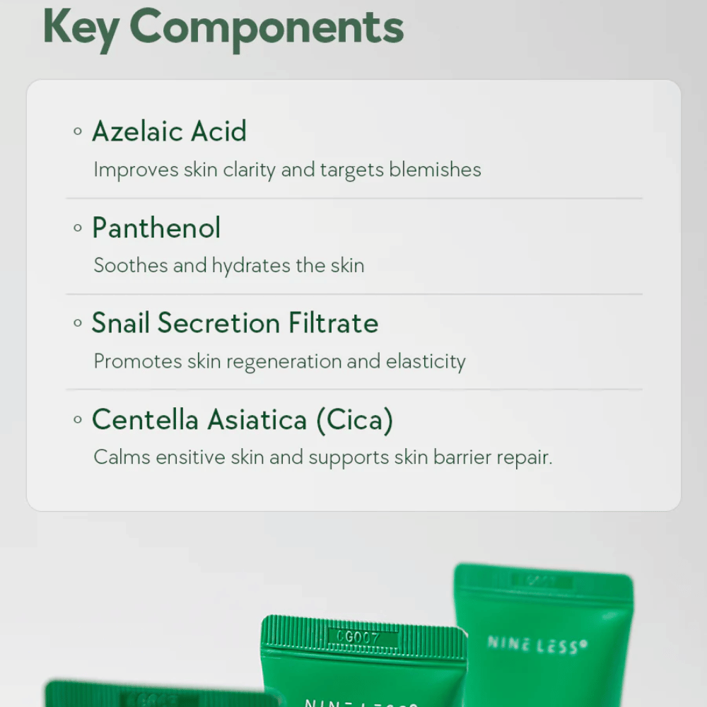 NINELESS A-Control Azelaic Acid Cream ingrédients – crème visage avec acide azélaïque, panthénol, bave d'escargot et Centella Asiatica qui aide à apaiser la peau et améliorer la clarté de la peau.