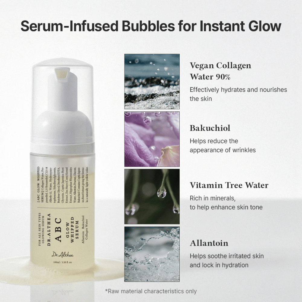 Image – ingrédients (EEAT + classement)
Dr. Althea ABC Glow Whipped Serum avec collagène vegan, bakuchiol, vitamin tree water et allantoïne qui hydratent, apaisent et améliorent la texture de la peau.