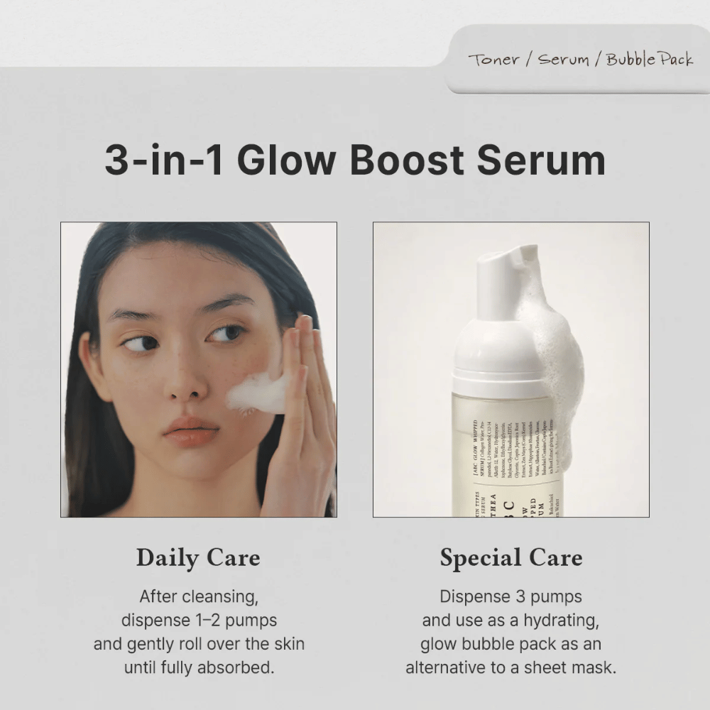 Image – utilisation (quotidienne vs soin spécial)
Dr. Althea ABC Glow Whipped Serum s’utilise comme sérum quotidien ou comme masque bubble hydratant pour un glow supplémentaire et un soin intensif de la peau.