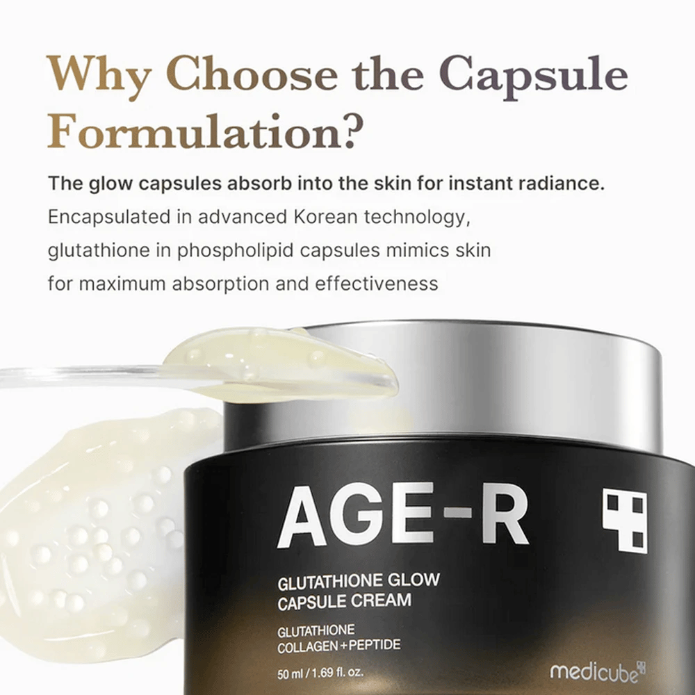 Medicube Age-R Glutathione Glow Capsule Cream est commercialisé avec une explication des avantages de la formulation en capsules. Les capsules de glutathion sont rapidement absorbées par la peau pour un éclat immédiat, grâce à une technologie coréenne avancée qui imite les mécanismes naturels de la peau pour un effet maximal.