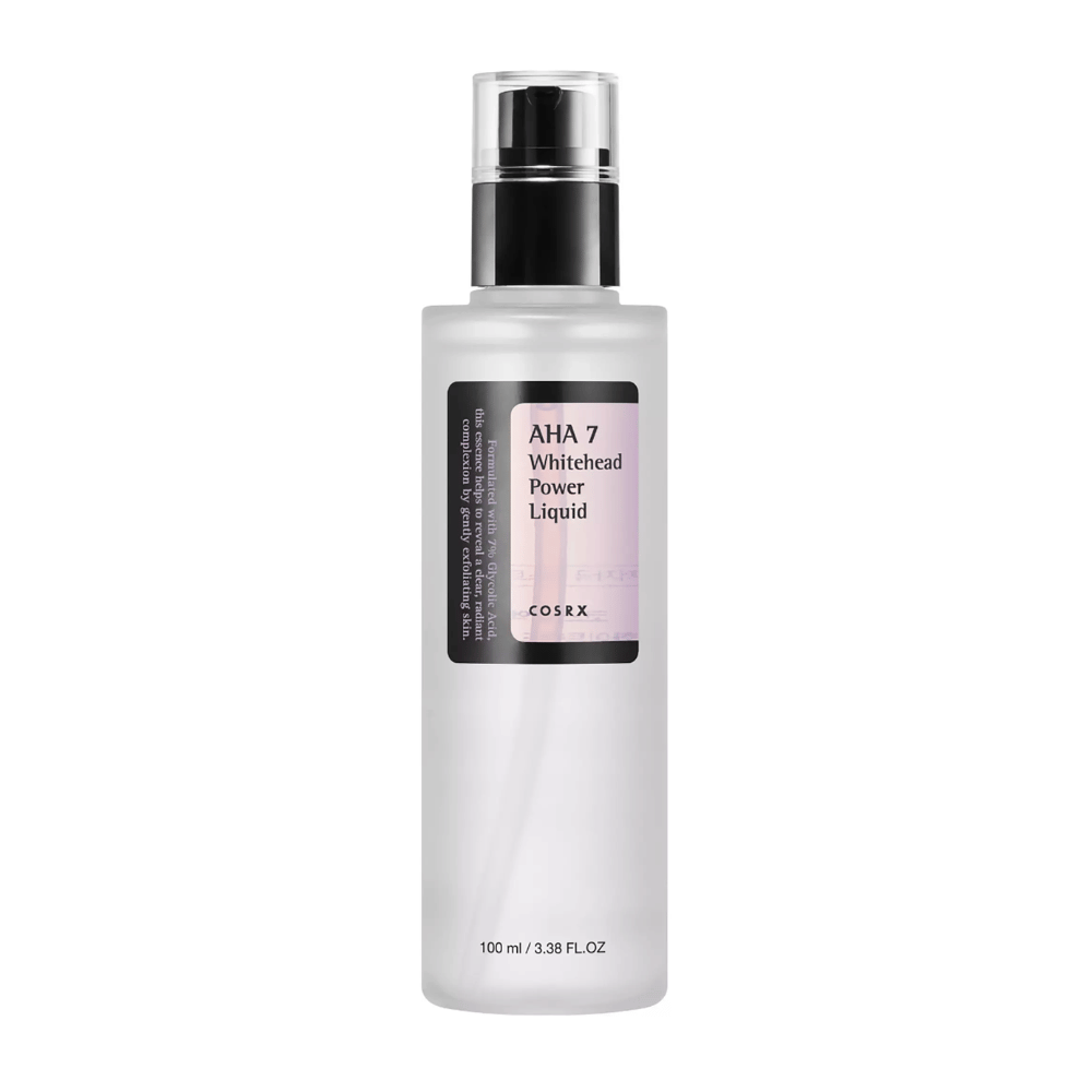COSRX AHA 7 Whitehead Power Liquid bouteille 100 ml, exfoliation efficace avec 7 % d'acide glycolique contre les points noirs blancs et le teint inégal.