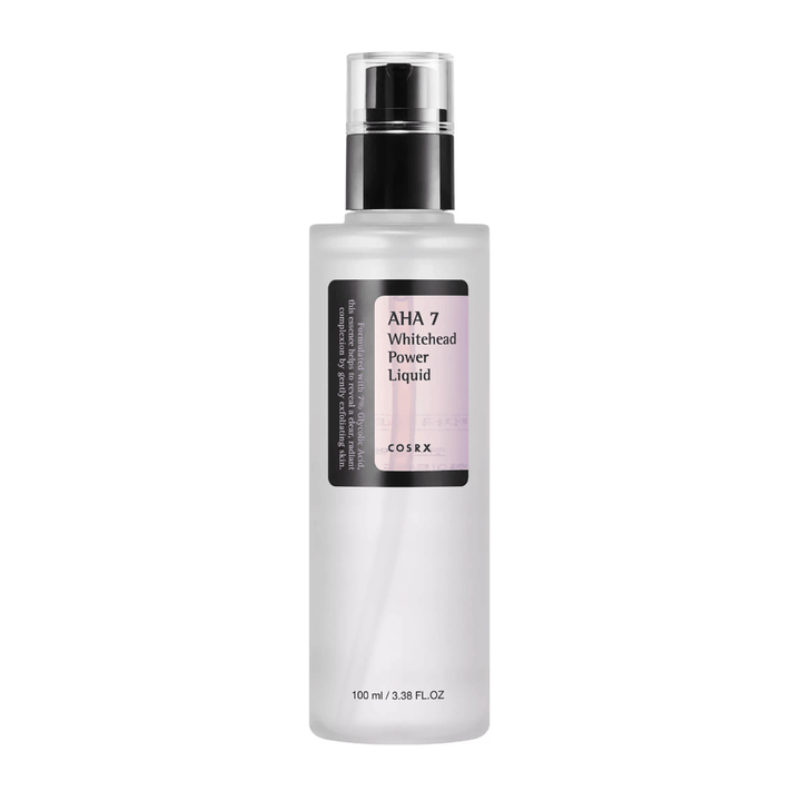 COSRX AHA 7 Whitehead Power Liquid bouteille 100 ml, exfoliation efficace avec 7 % d'acide glycolique contre les points noirs blancs et le teint inégal.