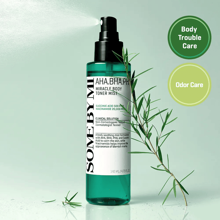 Some By Mi AHA BHA PHA Miracle Body Toner visage Mist – spray corporel exfoliant avec AHA, BHA et PHA qui aide à combattre les impuretés, l'acné corporelle et améliorer la texture de la peau.