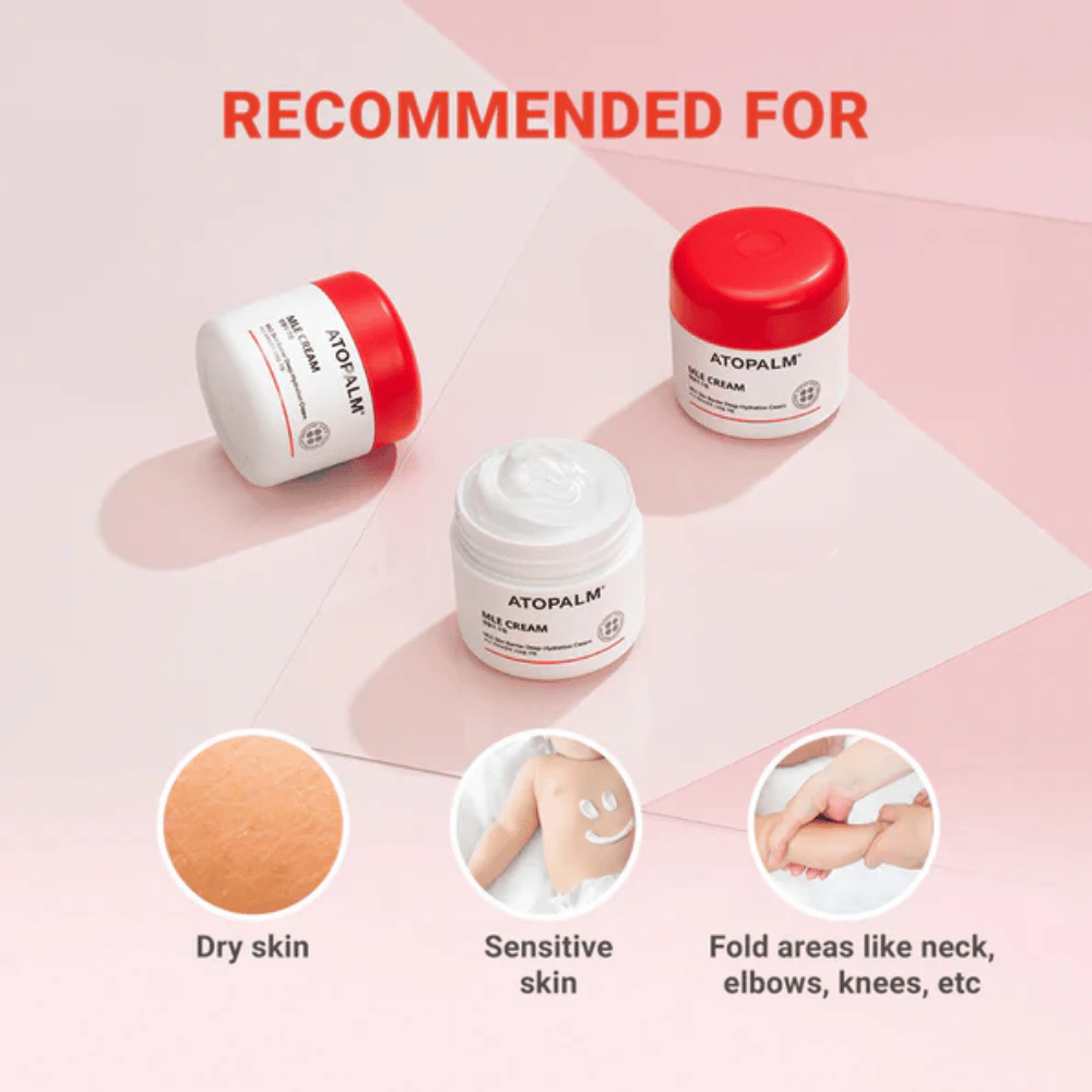 ATOPALM MLE Cream recommandé pour la peau sèche et sensible ainsi que pour les zones sèches comme le cou, les coudes et les genoux – crème douce pour le soin quotidien de la peau.