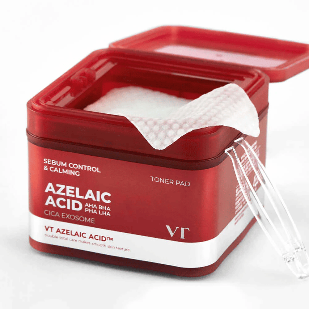 Pot ouvert avec VT Azelaic Acid Toner Pad et pince – pour une utilisation facile et hygiénique.
