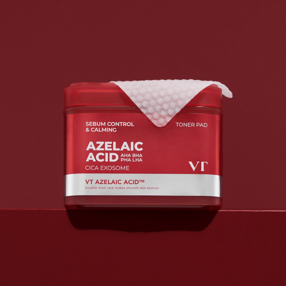 VT Azelaic Acid Toner Pad – pot rouge avec pad texturé, parfait pour uniformiser le teint et réduire les impuretés.