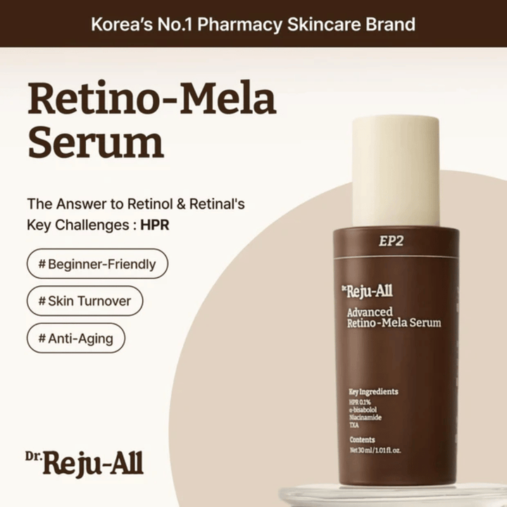 Dr. Reju-All Advanced Retino-Mela Serum EP2 – alternative au rétinol à base de HPR qui est plus douce que le rétinol et le rétinal, développée pour un teint plus uniforme, le renouvellement de la peau et l'anti-âge.