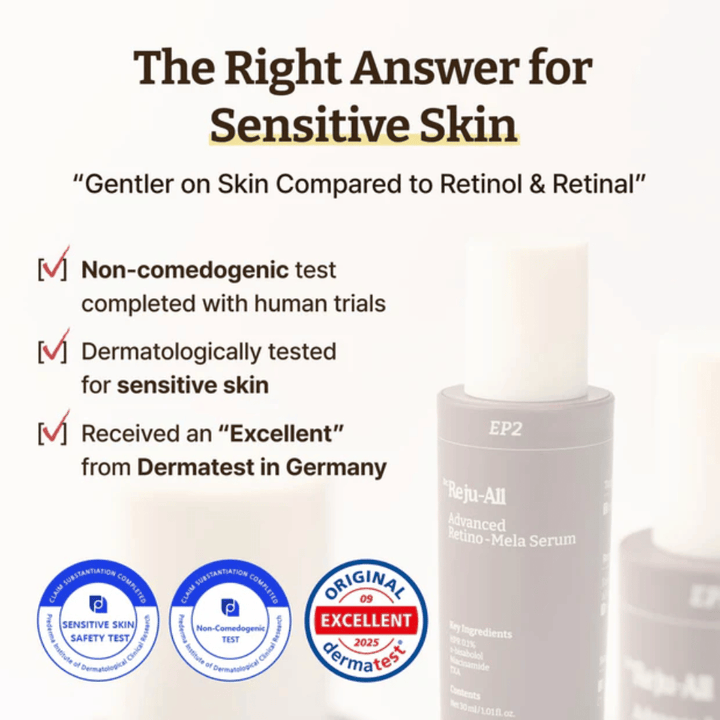 Dr. Reju-All Advanced Retino-Mela Serum pour peau sensible – non comédogène, testé dermatologiquement et évalué ”Excellent” par Dermatest en Allemagne.