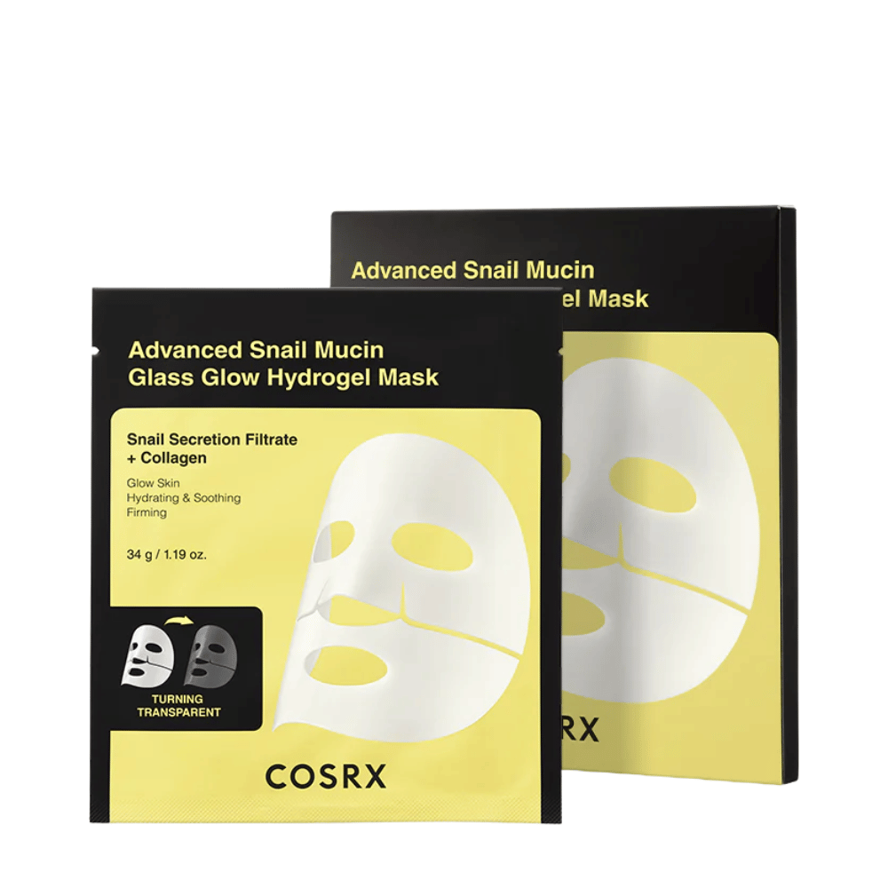Emballage de COSRX Advanced Snail Mucin Glass Glow Hydrogel Mask – masque hydratant avec sécrétion d'escargot et collagène.