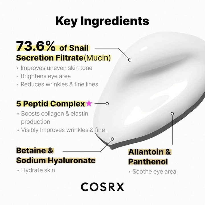 COSRX Advanced Snail Peptide Eye Cream avec 73,6% de mucine d'escargot, 5 peptides, niacinamide et acide hyaluronique – hydratant et anti-âge crème contour des yeux