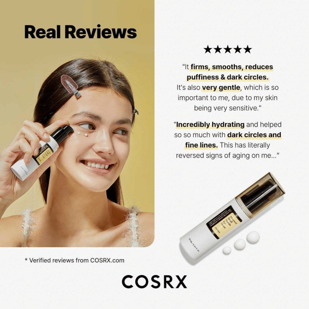 COSRX Advanced Snail Peptide Eye Cream à appliquer sous les yeux – crème contour des yeux avec 73,7% de mucine d'escargot et peptides contre les cernes, le gonflement et les ridules