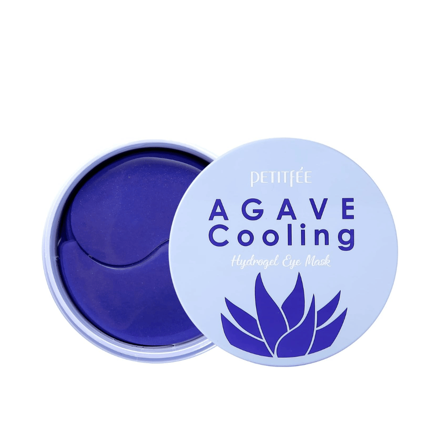 Image produit détourée de PETITFEE Agave Cooling Hydrogel Eye Mask avec pot ouvert montrant les patchs hydrogel violets et l’emballage bleu clair épuré.