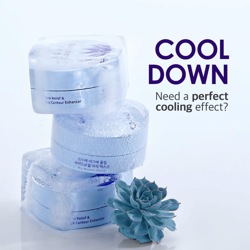 Image promotionnelle de PETITFEE Agave Cooling Hydrogel Eye Mask avec un thème glacé et rafraîchissant. L’image met en avant l’effet refroidissant du produit et la sensation de fraîcheur pour les yeux fatigués.