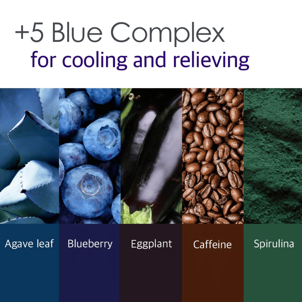 Image d’information sur le « 5 Blue Complex » avec des ingrédients comme la feuille d’agave, la myrtille, l’aubergine, la caféine et la spiruline. L’accent est mis sur les propriétés rafraîchissantes et apaisantes pour la peau.