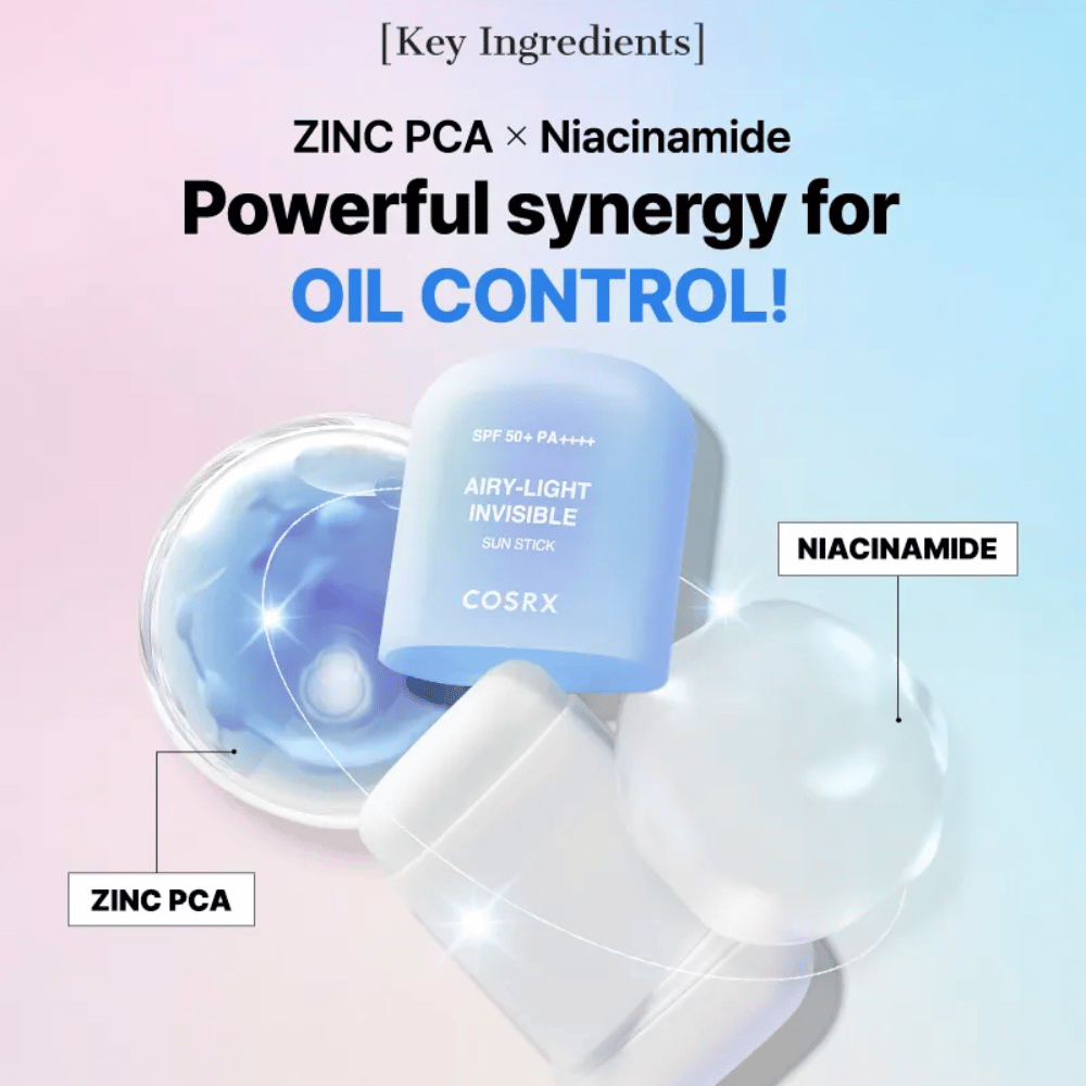 Ingrédients clés dans COSRX Airy-Light Invisible Sun Stick – Zinc PCA et Niacinamide pour un contrôle efficace du sébum et une peau claire.