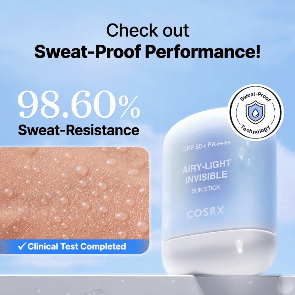 COSRX Airy-Light Invisible Sun Stick avec 98,6 % de résistance à la transpiration – technologie prouvée pour une protection longue durée.