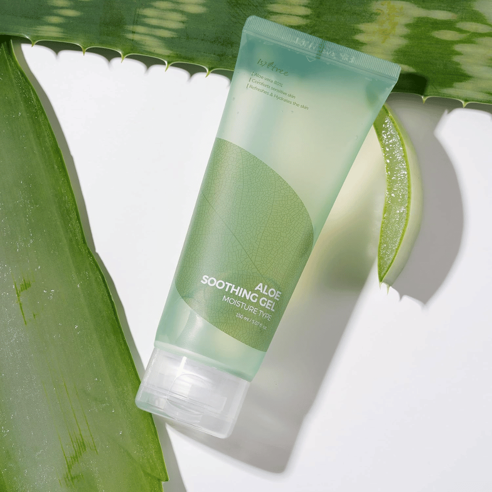 Isntree Aloe Soothing Gel Moisture Type – gel hydratant avec 80 % d’aloe vera, photographié avec des feuilles d’aloe fraîches