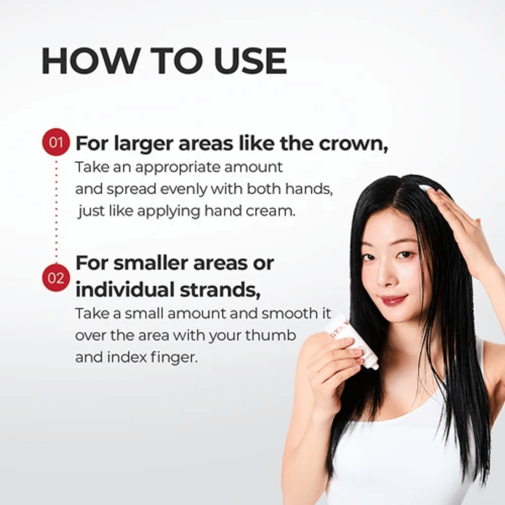 1. MOEV Annurcatin No Sebum Hair Cream – instructions pour l’application sur le cuir chevelu et sur des mèches de cheveux individuelles