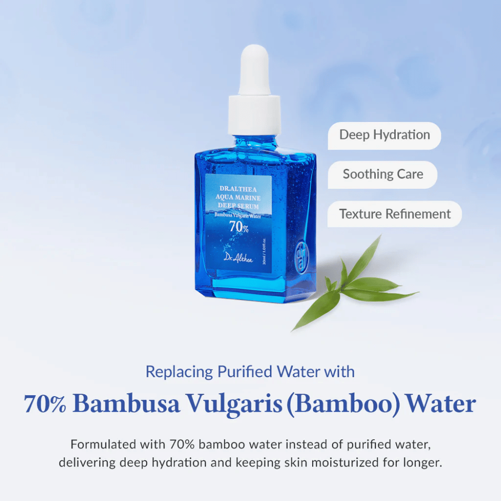 Dr. Althea Aqua Marine Deep Serum dans un flacon en verre bleu avec pipette, formulé avec 70 % d'eau de Bambusa Vulgaris (bambou) pour une hydratation en profondeur, des soins apaisants et une texture de peau améliorée.