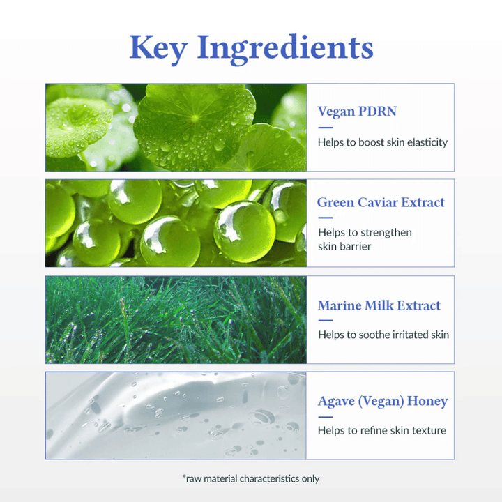 Ingrédients clés dans Dr. Althea Aqua Marine Deep Serum – Vegan PDRN pour l'élasticité, Extrait de caviar vert qui renforce la barrière cutanée, Extrait de lait marin qui apaise la peau et Agave (miel végétalien) pour une texture de peau plus lisse.