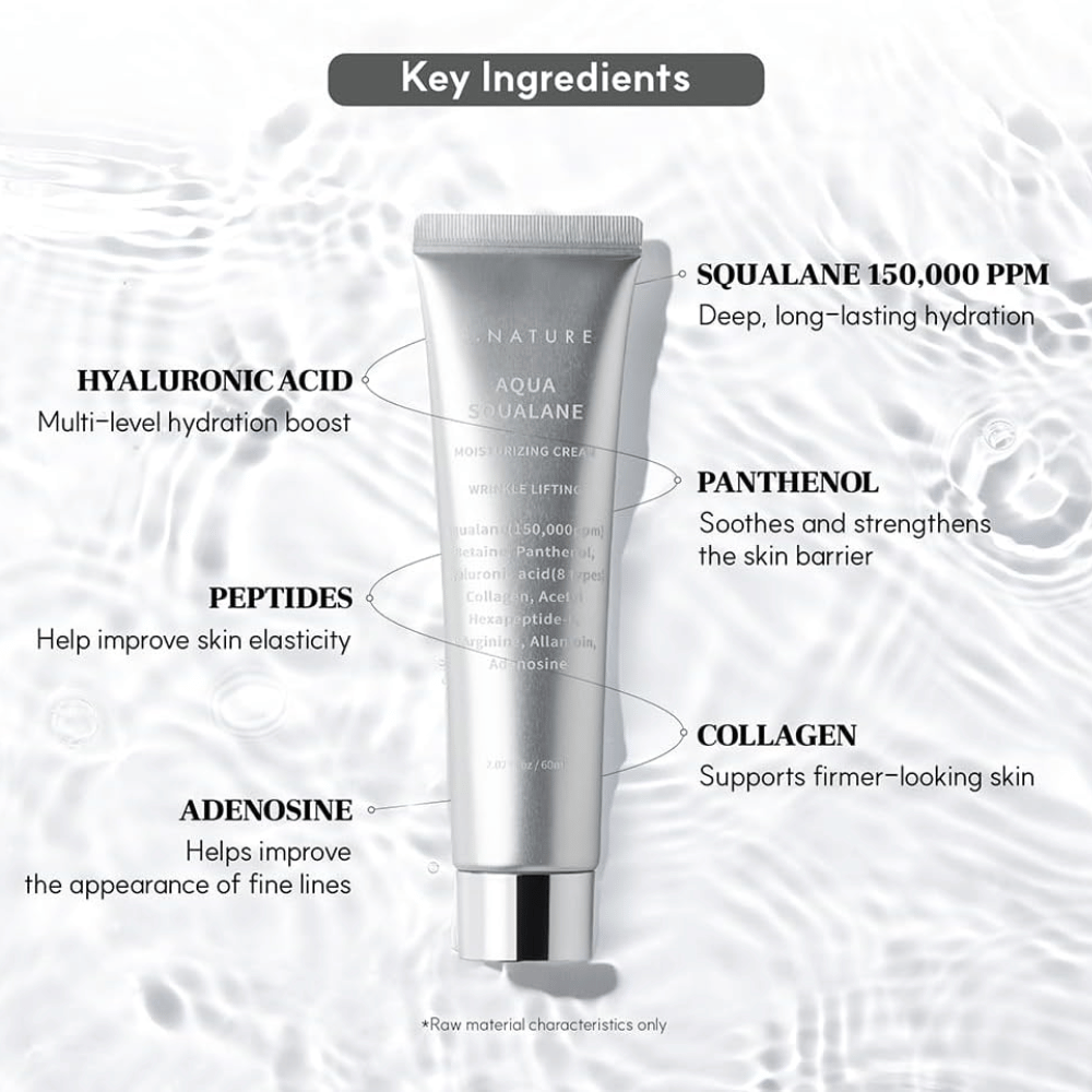 S.NATURE Aqua Squalane Moisturizing Cream avec squalane, de l’acide hyaluronique, du panthénol, des peptides et du collagène pour une peau hydratée et souple.