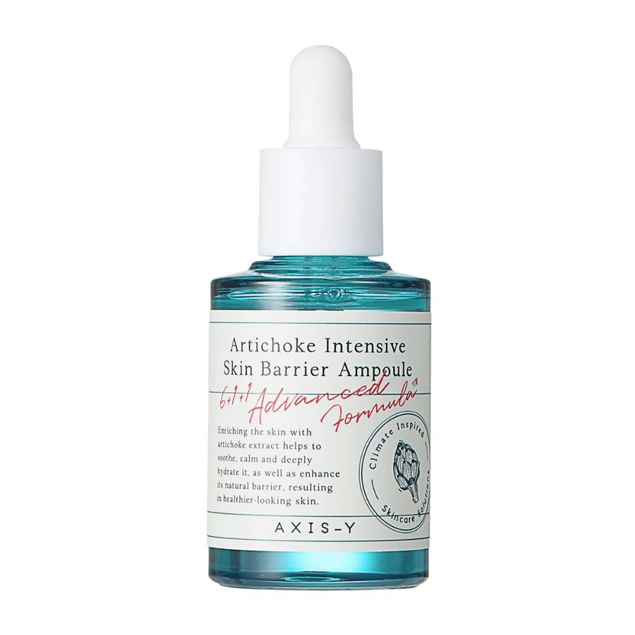 En flaska hudvårdsserum märkt "Artichoke Intensive Skin Barrier Ampoule" från AXIS-Y.