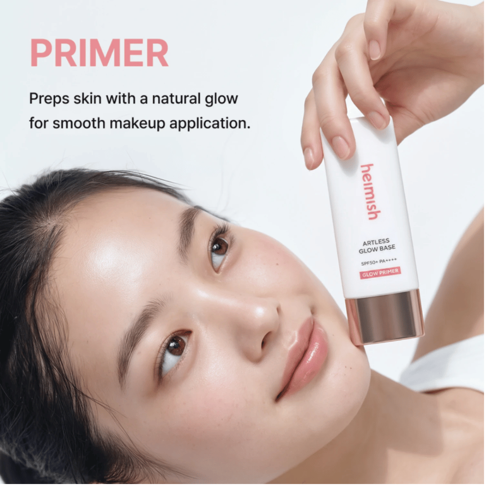 Heimish Artless Glow Base SPF50+ PA++++ s’utilise comme primer avant le maquillage pour une base uniforme avec un éclat naturel.