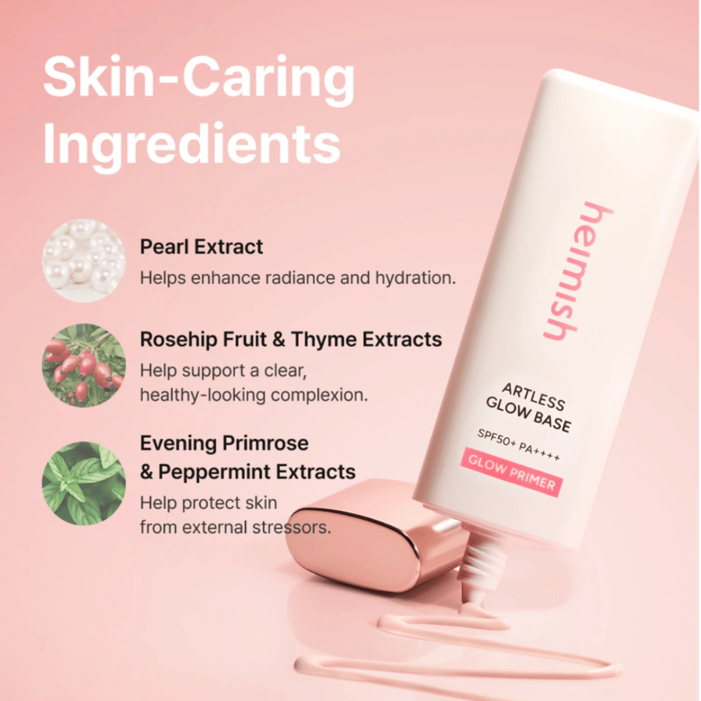Heimish Artless Glow Base SPF50+ PA++++ avec extrait de perle, cynorrhodon, thym, onagre et menthe poivrée pour l’hydratation et l’éclat.
