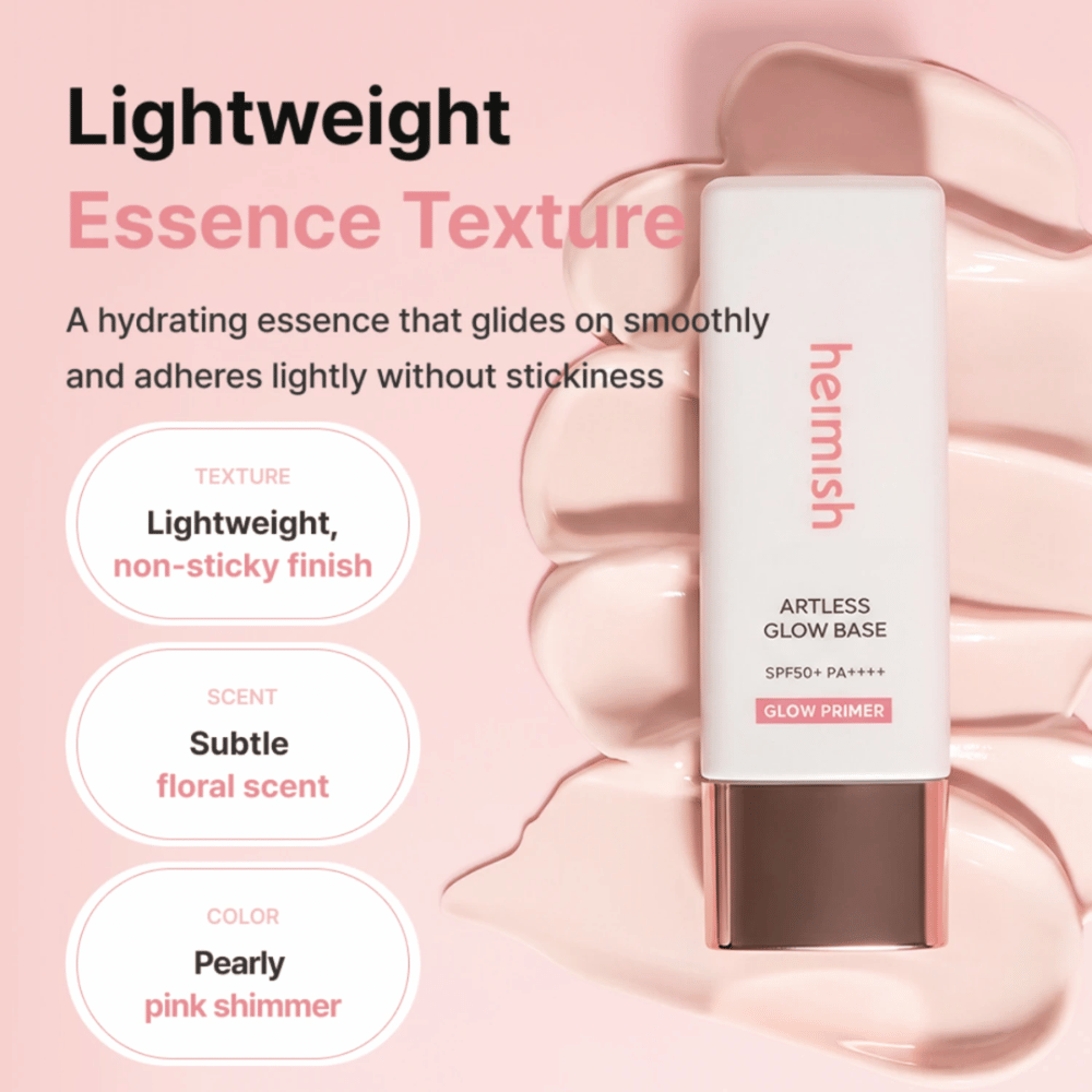 Heimish Artless Glow Base SPF50+ PA++++ – glow hydratant léger primer avec une finition rose nacrée sans sensation collante.