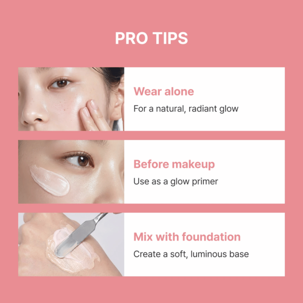 Heimish Artless Glow Base – trois façons d’utiliser le glow primer : seul, avant le maquillage ou mélangé avec foundation pour un éclat supplémentaire.