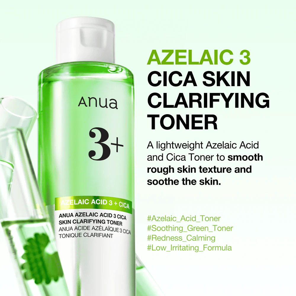 Anua Azelaic Acid 3 Cica Skin Clarifying Toner avec 3 % d’acide azélaïque et de centella asiatica qui exfolient en douceur, apaisent la peau et améliorent l’éclat du teint.